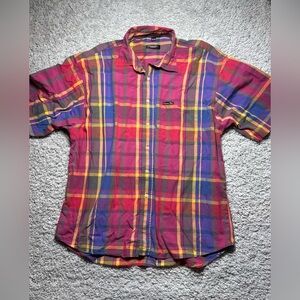 Christian Dior Shirt Mens Extra Large Button Up Plaid Short Sleeve Cotton Beach